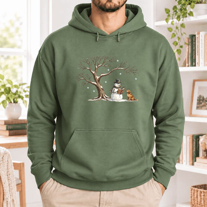 Golden Retriever And Snowman Under Tree Softstyle Hoodie | Christmas Reader Gift Military Green
