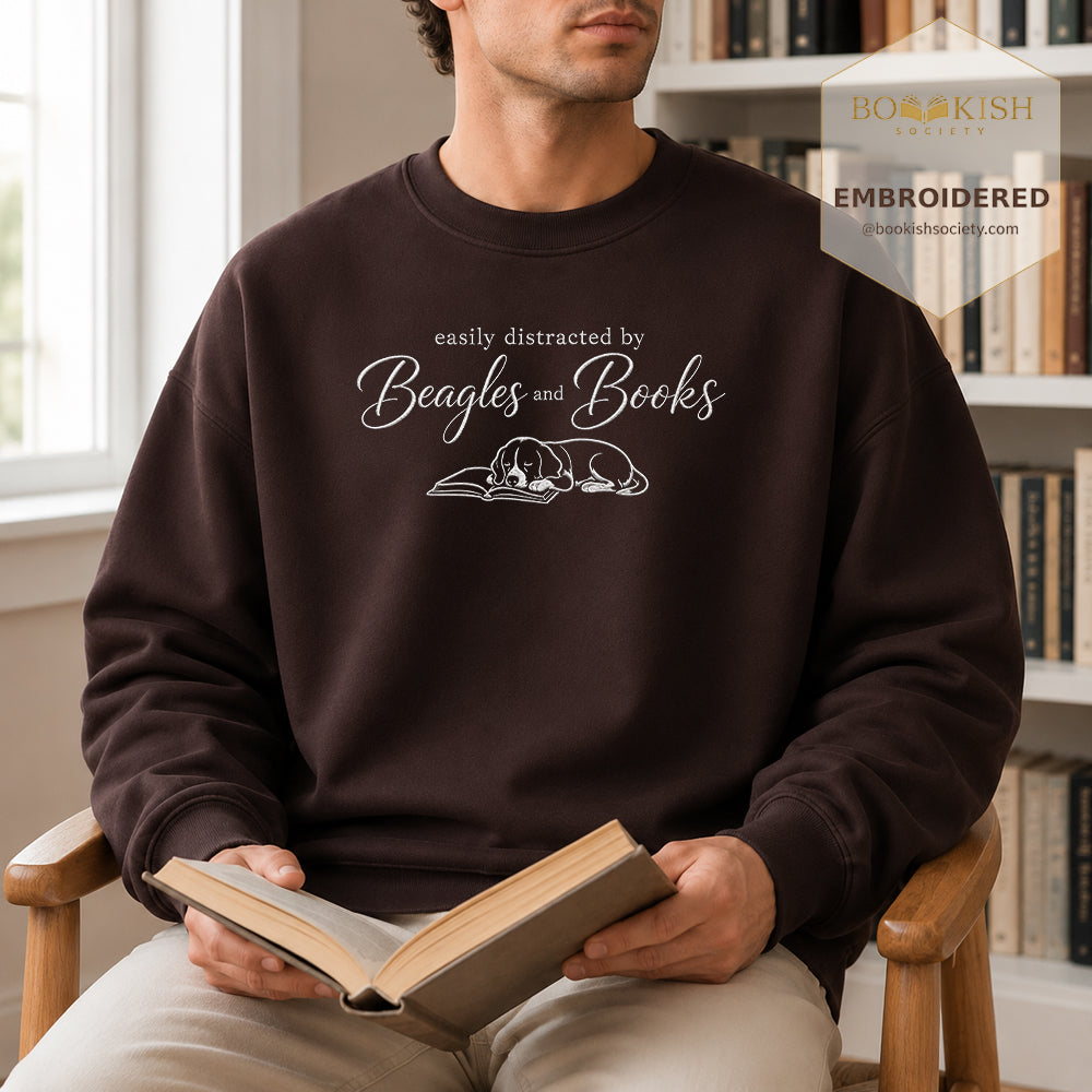 Easily Distracted By Beagles And Books Embroidered Sweatshirt | Dog Lover & Reader Gift Dark Chocolate