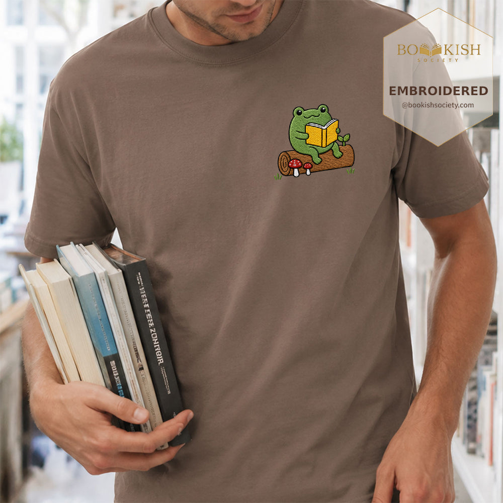 Embroidered Frog on Log Reading Book Comfort Color® T-shirt Book Lover Gift Espresso