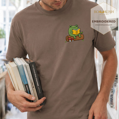 Embroidered Frog on Log Reading Book Comfort Color® T-shirt Book Lover Gift Espresso