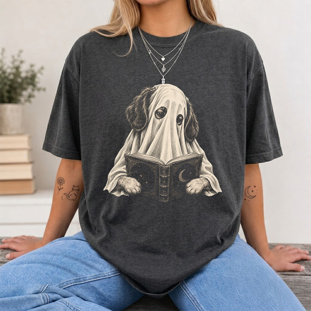 Reading Ghost Dog Printed T-Shirt | Halloween Dog Lover Gift Dark Heather