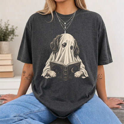 Reading Ghost Dog Printed T-Shirt | Halloween Dog Lover Gift Dark Heather