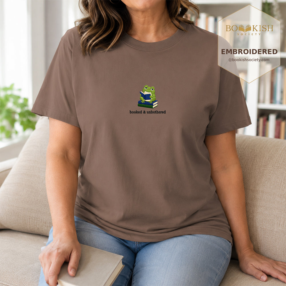 Booked and Unbothered Embroidered Comfort Color® T-shirt | Book Lover Gift Espresso