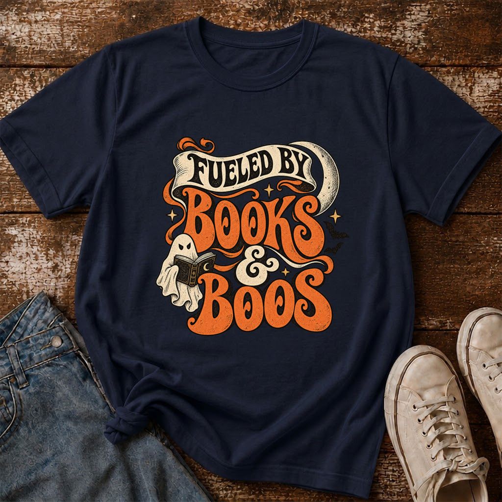 Fueled By Books & Boos Printed T-Shirt | Halloween Book Lover Gift Navy