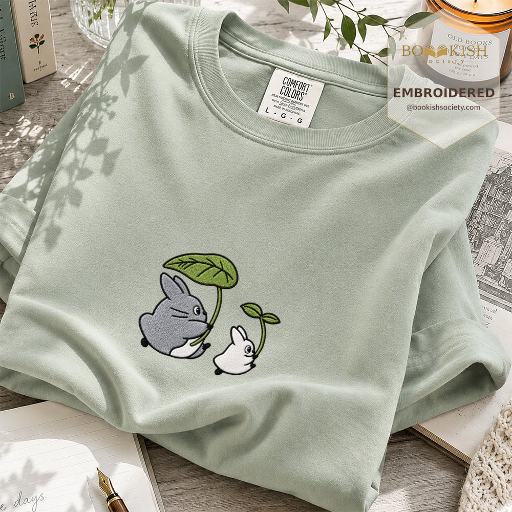 Embroidered Forest Spirits and Flowers Comfort Color® T-shirt Book Lover Gift Bay