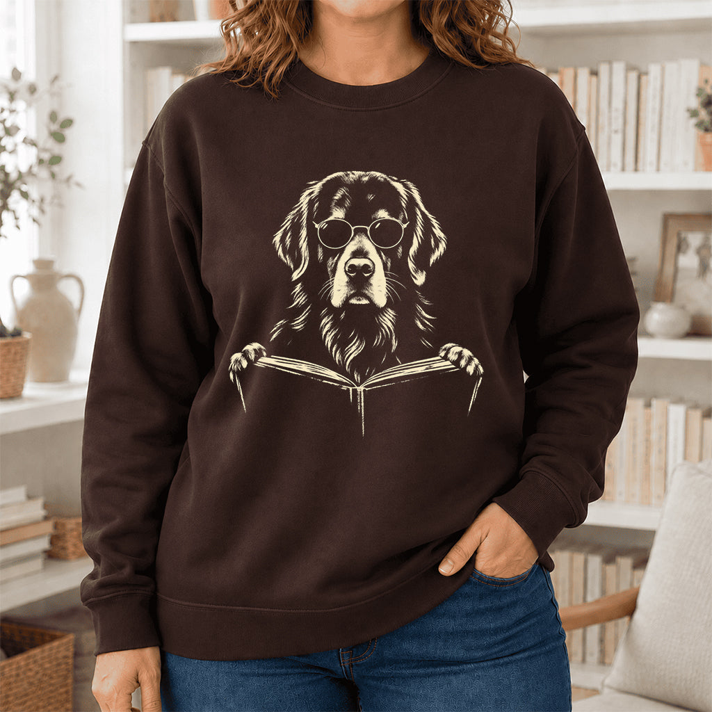 Golden Retriever Reading Book Crewneck Sweatshirt | Reader Gift Dark Chocolate