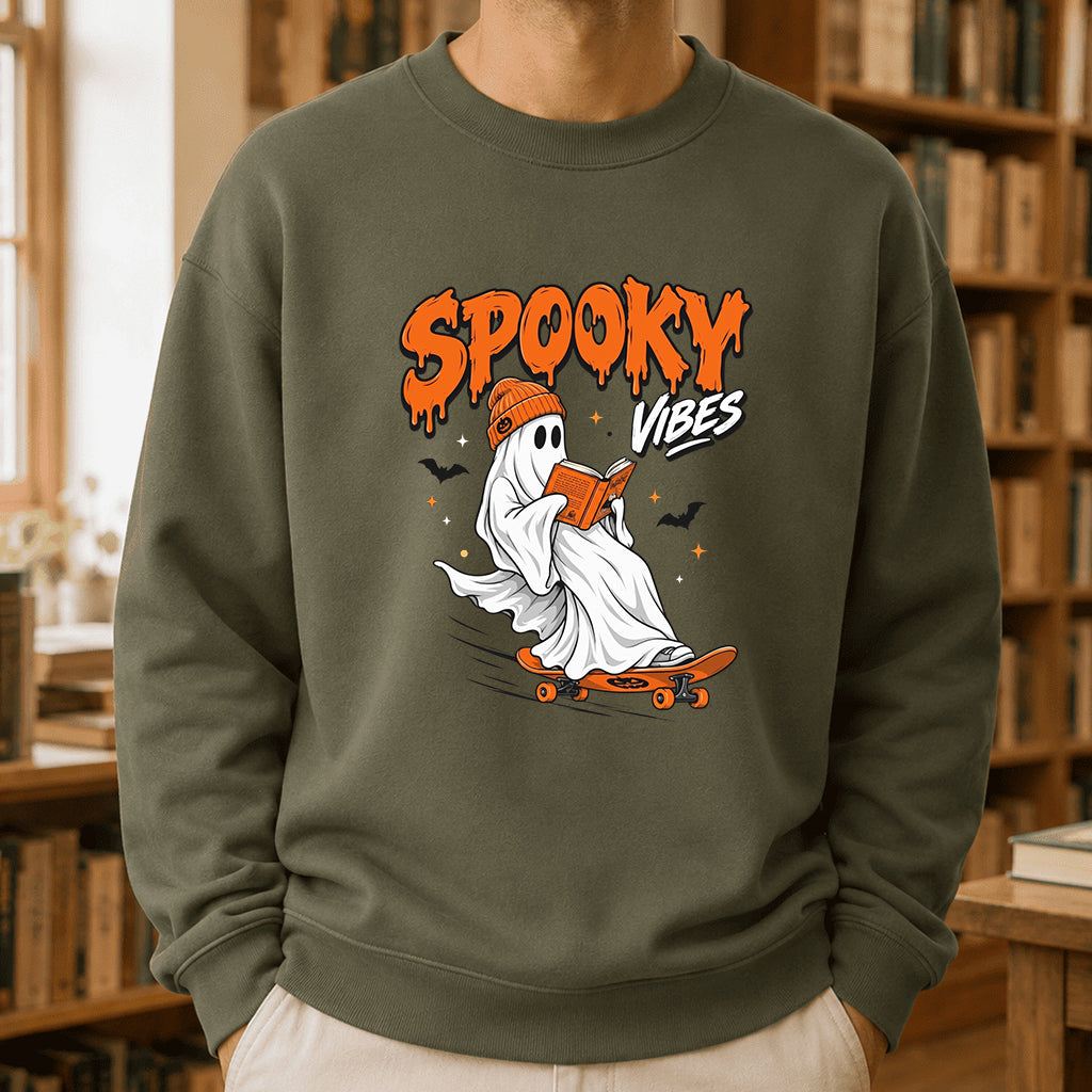 Spooky Vibes Printed Sweatshirt | Halloween Reader Gift Military Green