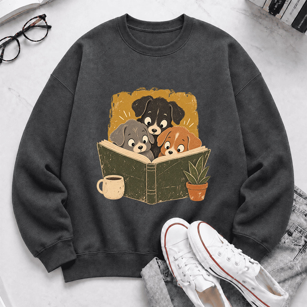 Minimal Japanese Dogs Reading Crewneck Sweatshirt | Reader Gift Dark Heather