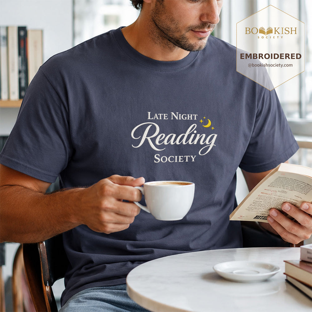 Late Night Reading Society Embroidered Comfort Color® T-shirt | Book Lover Gift Denim