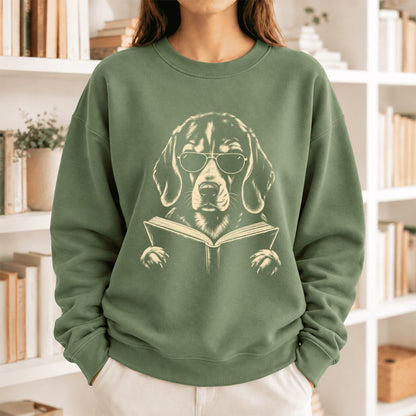 Beagle Reading Book Softstyle Sweatshirt | Dog Mom Reader Gift Military Green