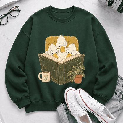 Minimal Japanese Ducks Reading Crewneck Sweatshirt | Reader Gift Forest Green
