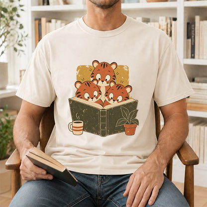 Minimal Japanese Tigers Reading Softstyle T-Shirt | Book Lover Gift Natural