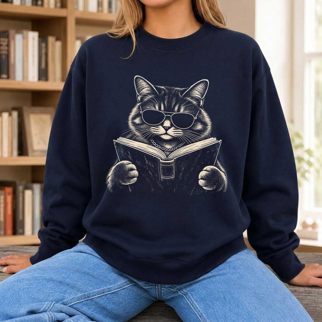 Cat Reading Book Crewneck Sweatshirt | Reader Gift Navy