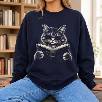 Cat Reading Book Crewneck Sweatshirt | Reader Gift Navy