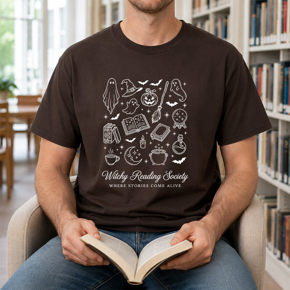 Witchy Reading Society Printed T-Shirt | Halloween Reader Gift Dark Chocolate