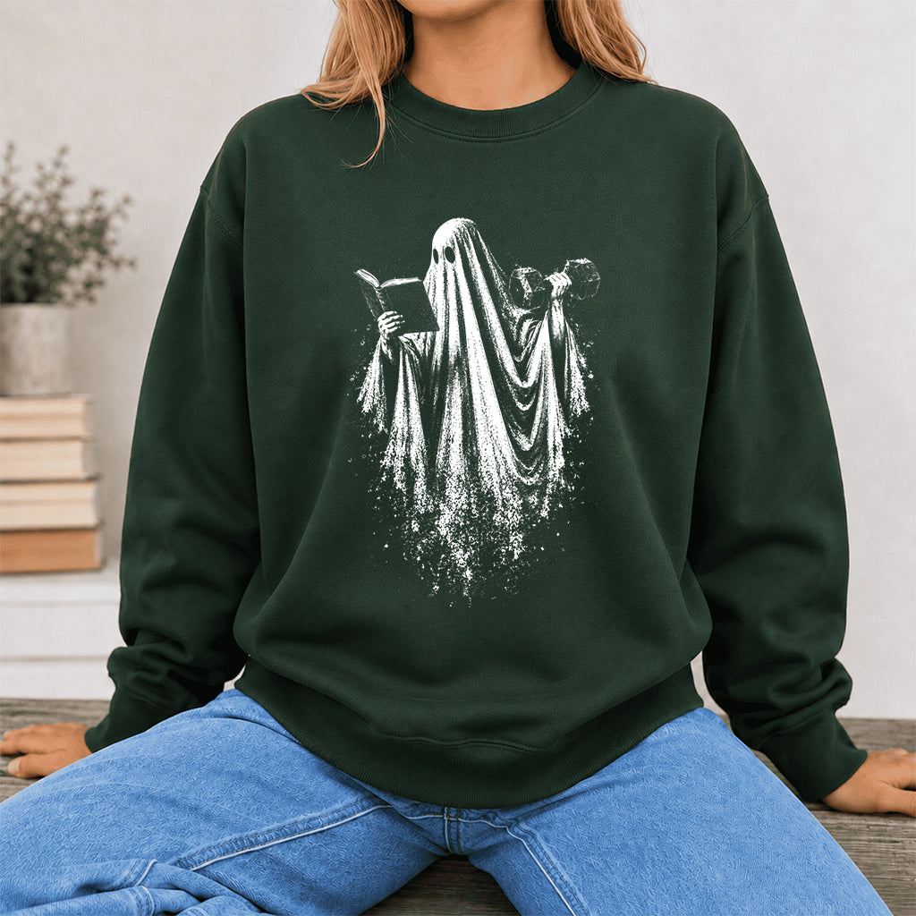 Reading Gym Ghost Printed Sweatshirt | Halloween Book Lover Gift Forest Green