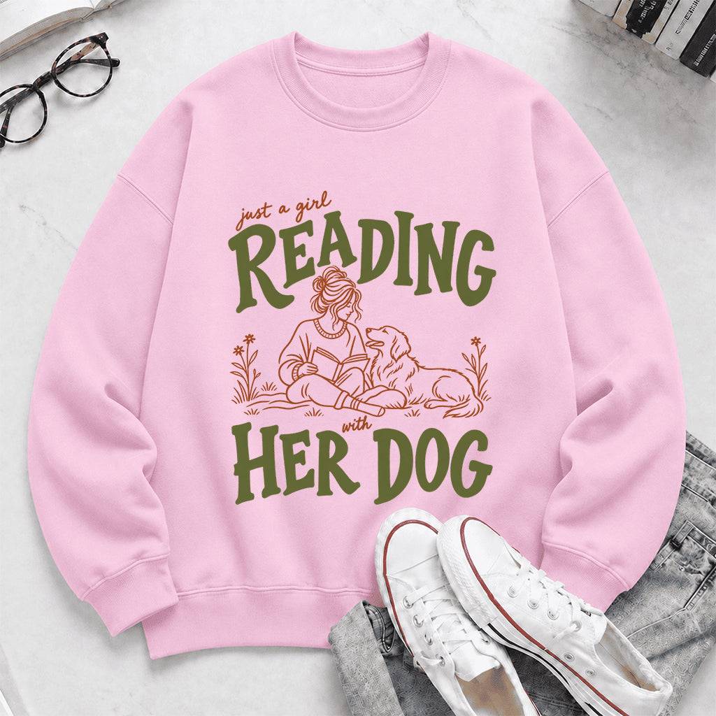 Just A Girl Reading With Her Dog Crewneck Sweatshirt | Reader Gift Light Pink