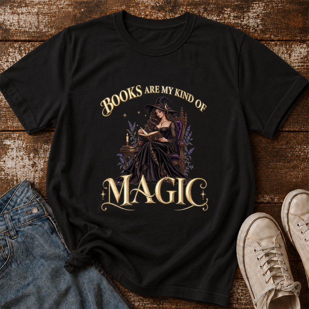 Books Are My Kind Of Magic Printed T-Shirt | Halloween Feminine Magic Reader Gift Black