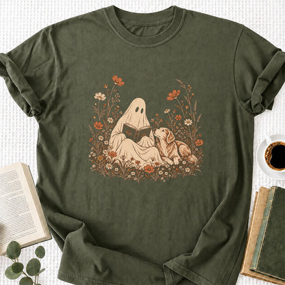 Ghost Wildflowers With Book And Golden Retriever Printed T-Shirt | Halloween Dog Lover Gift Military Green