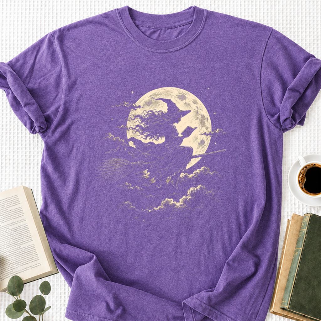Reading Witch On The Flying Broom Printed T-Shirt | Halloween Book Lover Gift Heather Purple