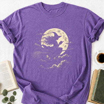 Reading Witch On The Flying Broom Printed T-Shirt | Halloween Book Lover Gift Heather Purple