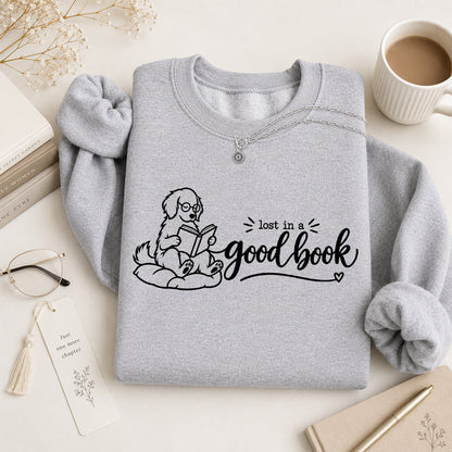 Lost In A Good Book Crewneck Sweatshirt | Dog Lover & Reader Gift Sport Grey
