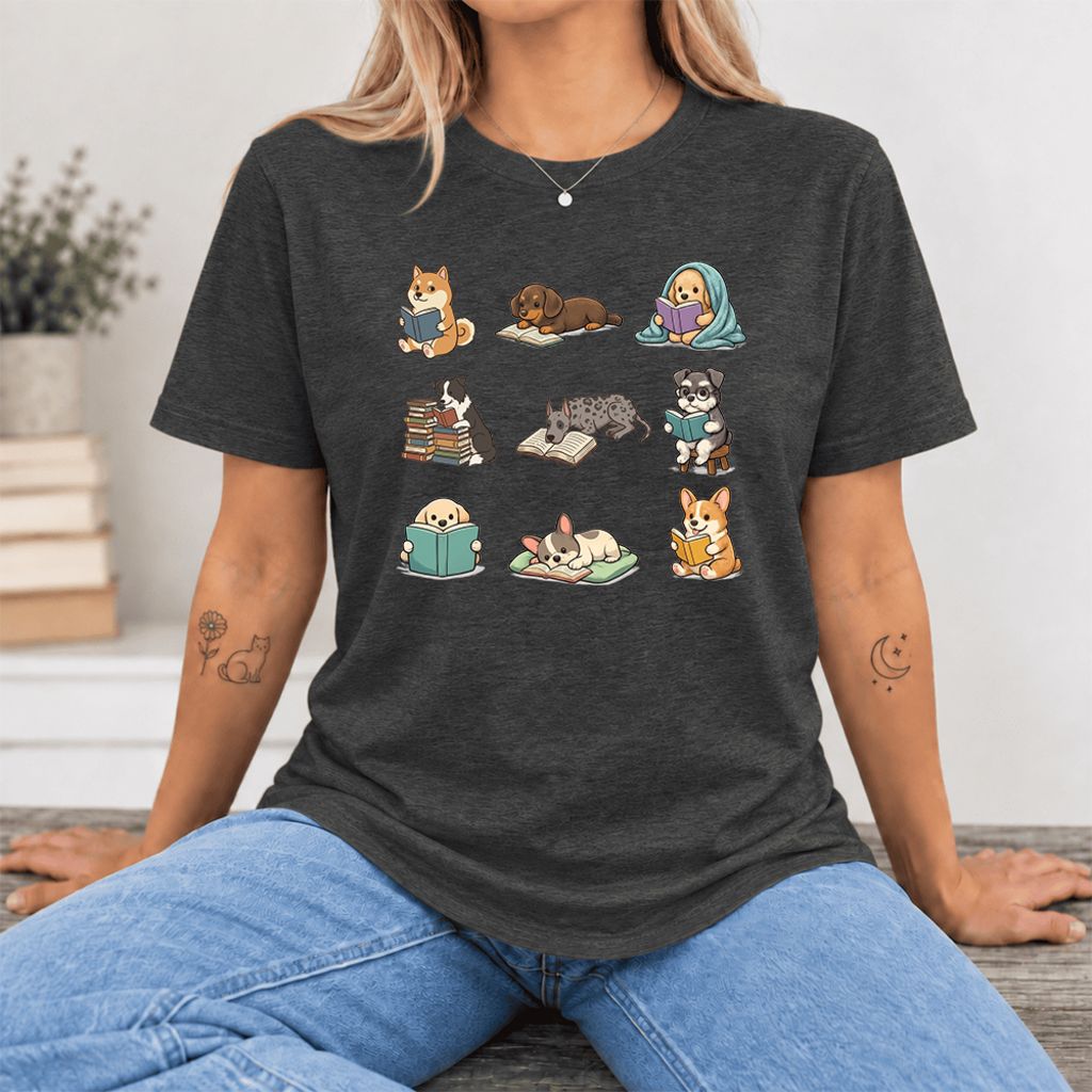 Funny Reading Dogs Ultra-Soft Cotton T-Shirt | Dog Mom Reader Gift Dark Grey Heather