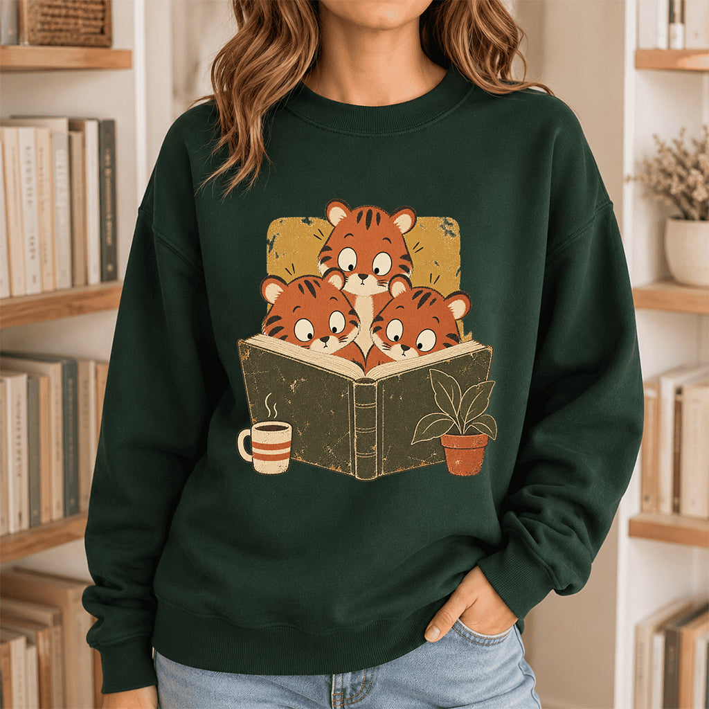 Minimal Japanese Tigers Reading Crewneck Sweatshirt | Reader Gift Forest Green