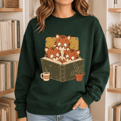 Minimal Japanese Tigers Reading Crewneck Sweatshirt | Reader Gift Forest Green
