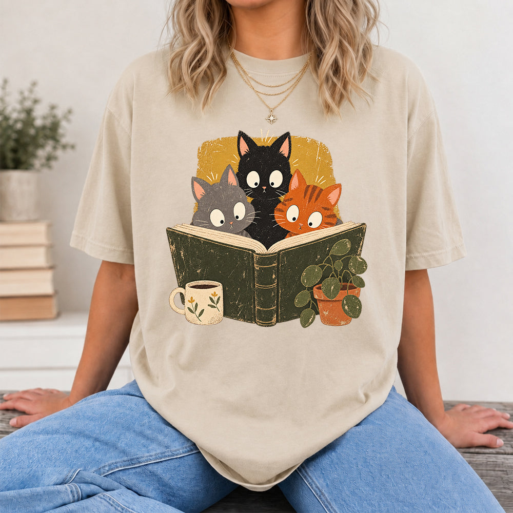 Minimal Japanese Cats Reading Softstyle T-Shirt | Book Lover Gift Sand