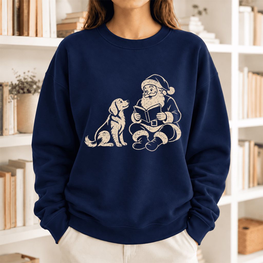 Funny Dog With Reading Santa Softstyle Sweatshirt | Christmas Book Lover Gift Navy