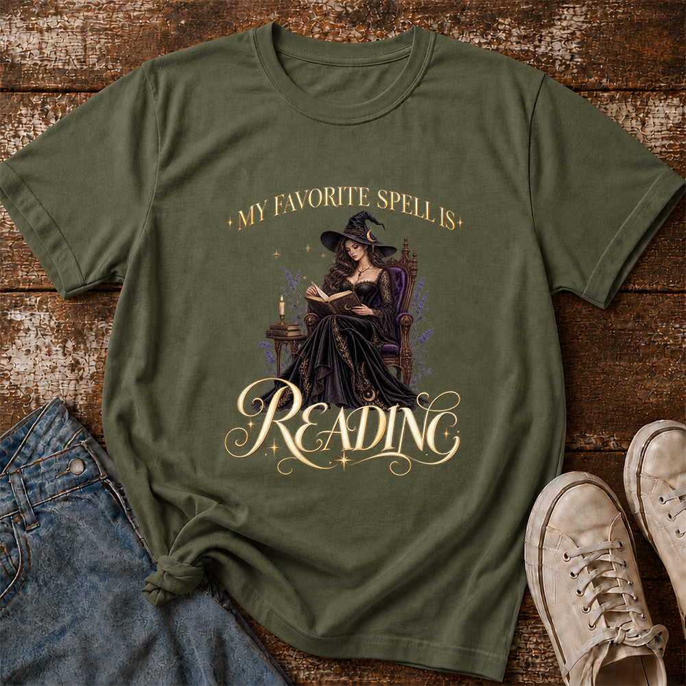 My Favorite Spell Is Reading Printed T-Shirt | Halloween Fantasy Book Lover Gift Military Green