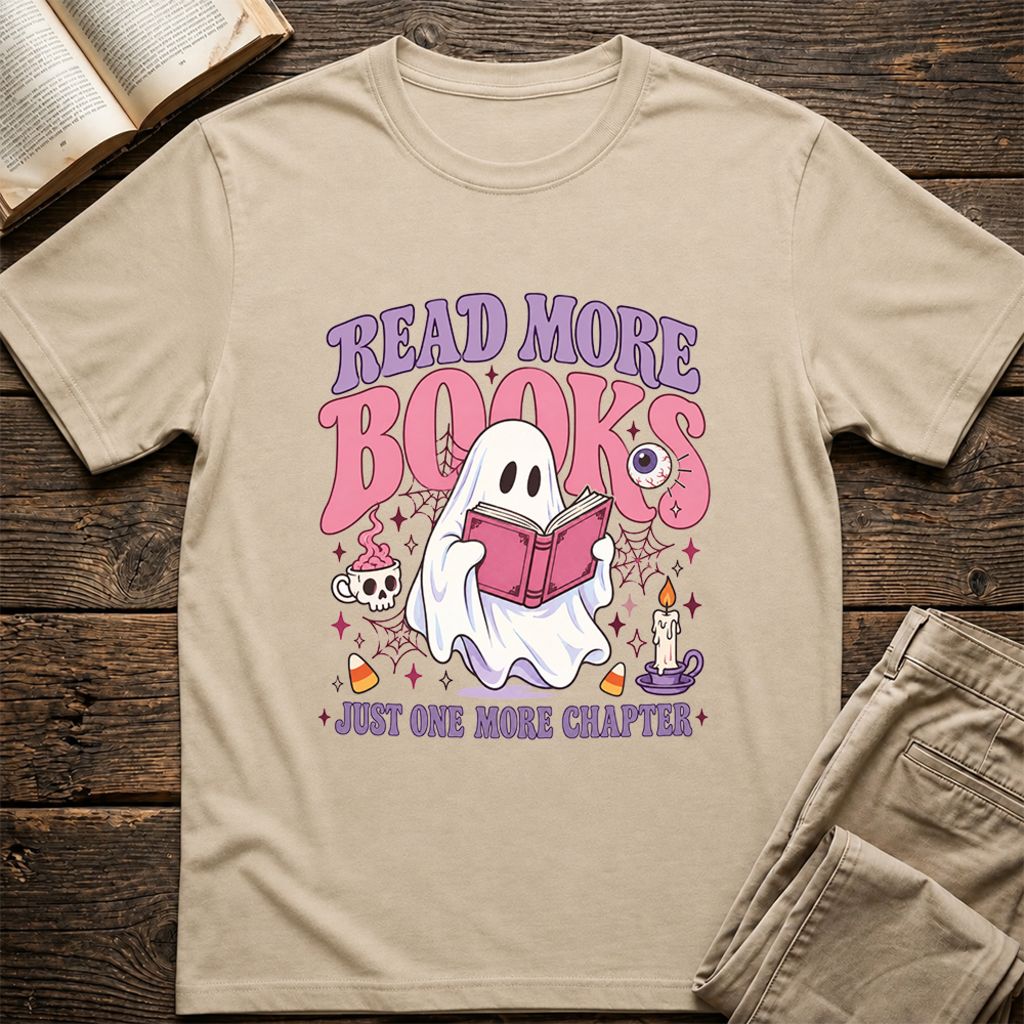Read More Books Ghost Printed T-Shirt | Halloween Book Lover Gift Sand