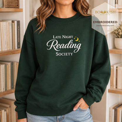 Late Night Reading Society Embroidered Sweatshirt | Reader Gift Forest Green