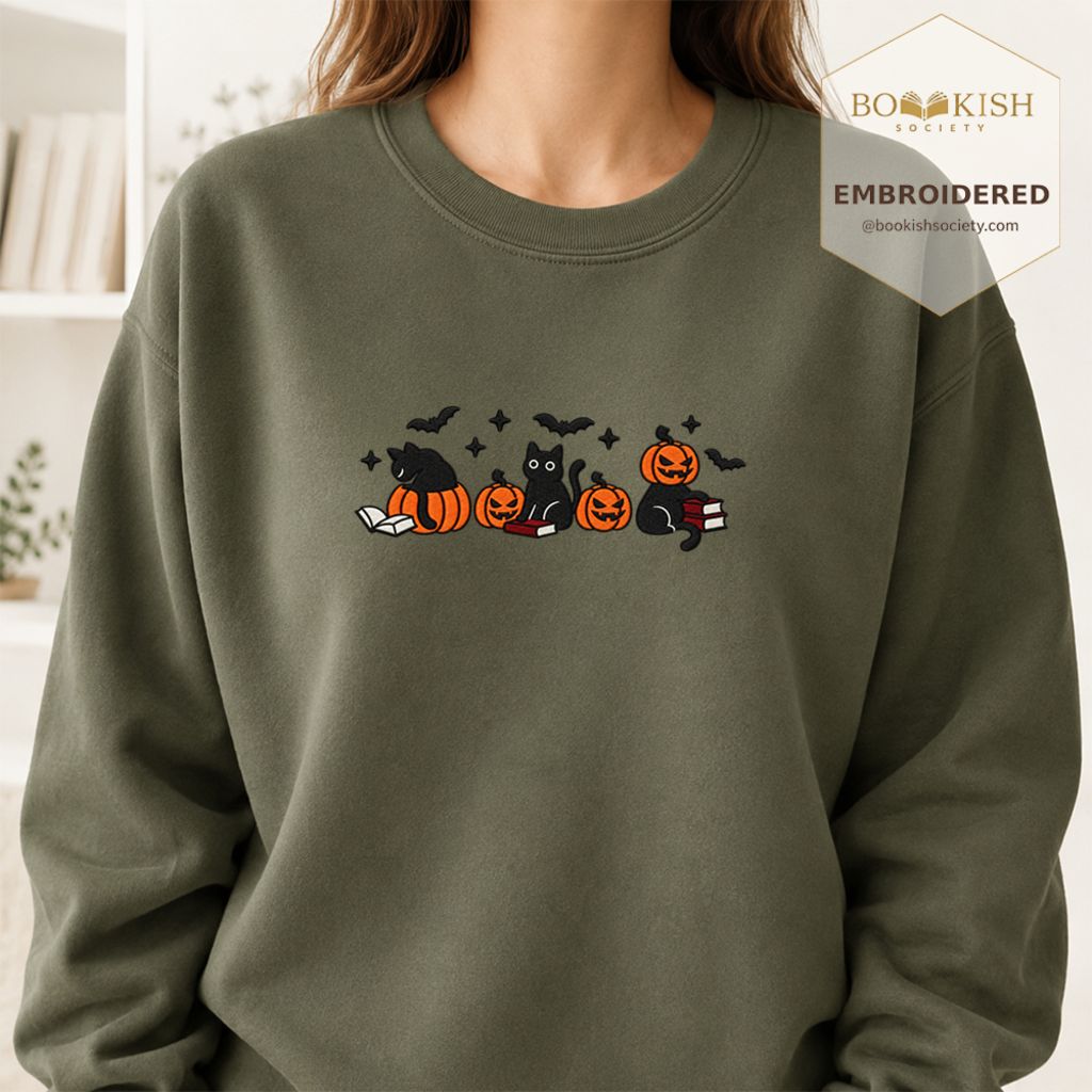 Black Cats And Halloween Embroidered Sweatshirt | Spooky Book Lover Gift Military Green