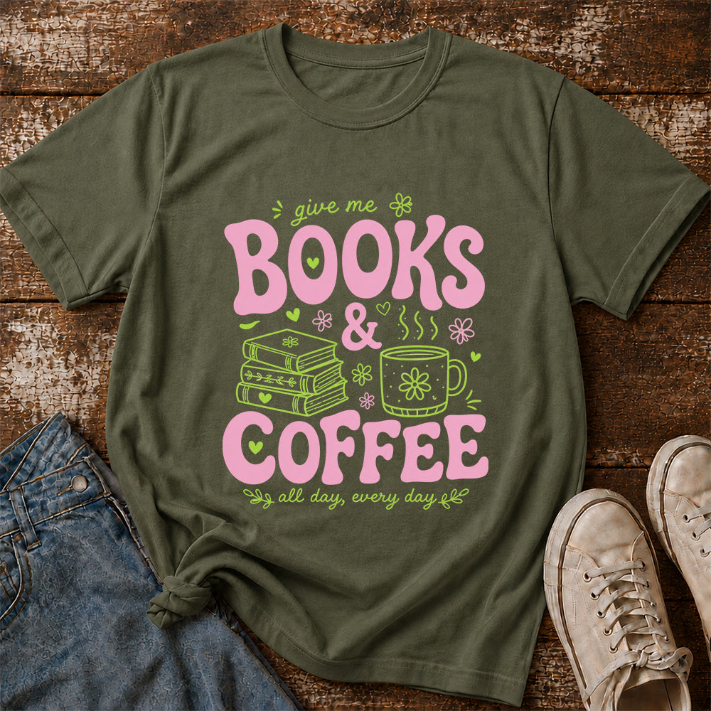 Books and Coffee Softstyle T-Shirt | Book Lover Gift Military Green