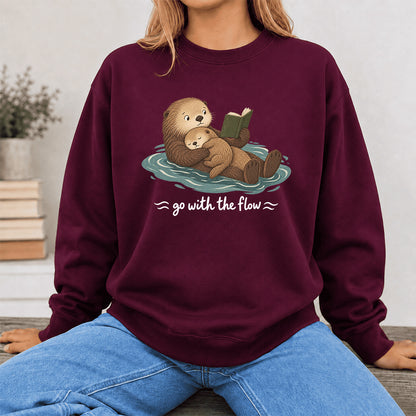 Go With The Flow Otter Reading Crewneck Sweatshirt | Reader Gift Maroon