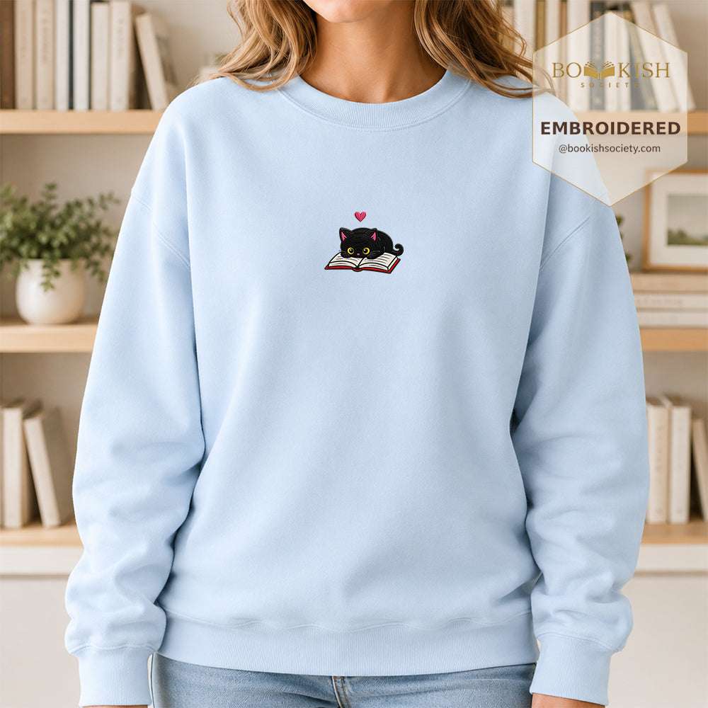 Black Cat and Book Embroidered Sweatshirt | Reader Gift Light Blue