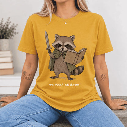 We Read At Dawn Funny Racoon Ultra-Soft Cotton T-Shirt | Playful Reader Gift Mustard