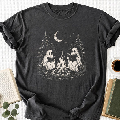 Camping Reading Ghosts Printed T-Shirt | Spooky Book Lover Gift Dark Heather