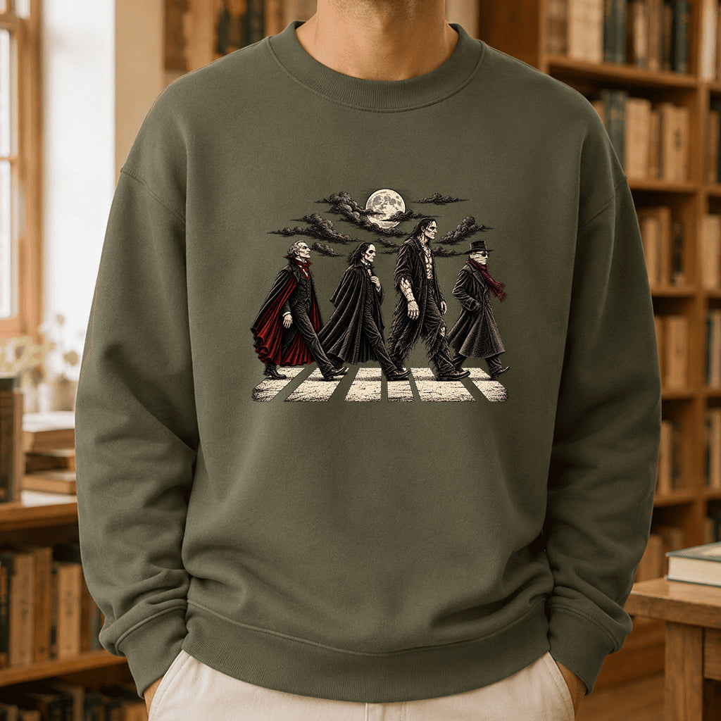 Monsters Road Printed Sweatshirt | Halloween Book Lover Gift Military Green