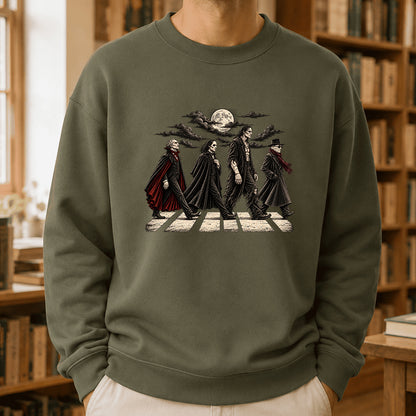 Monsters Road Printed Sweatshirt | Halloween Book Lover Gift Military Green