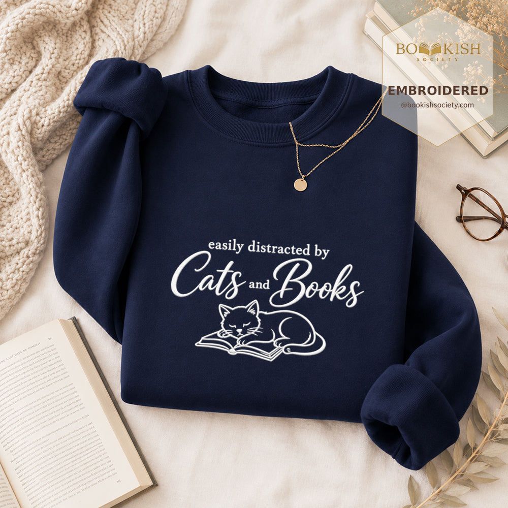 Distracted By Cats And Books Embroidered Sweatshirt | Reader Gift Navy