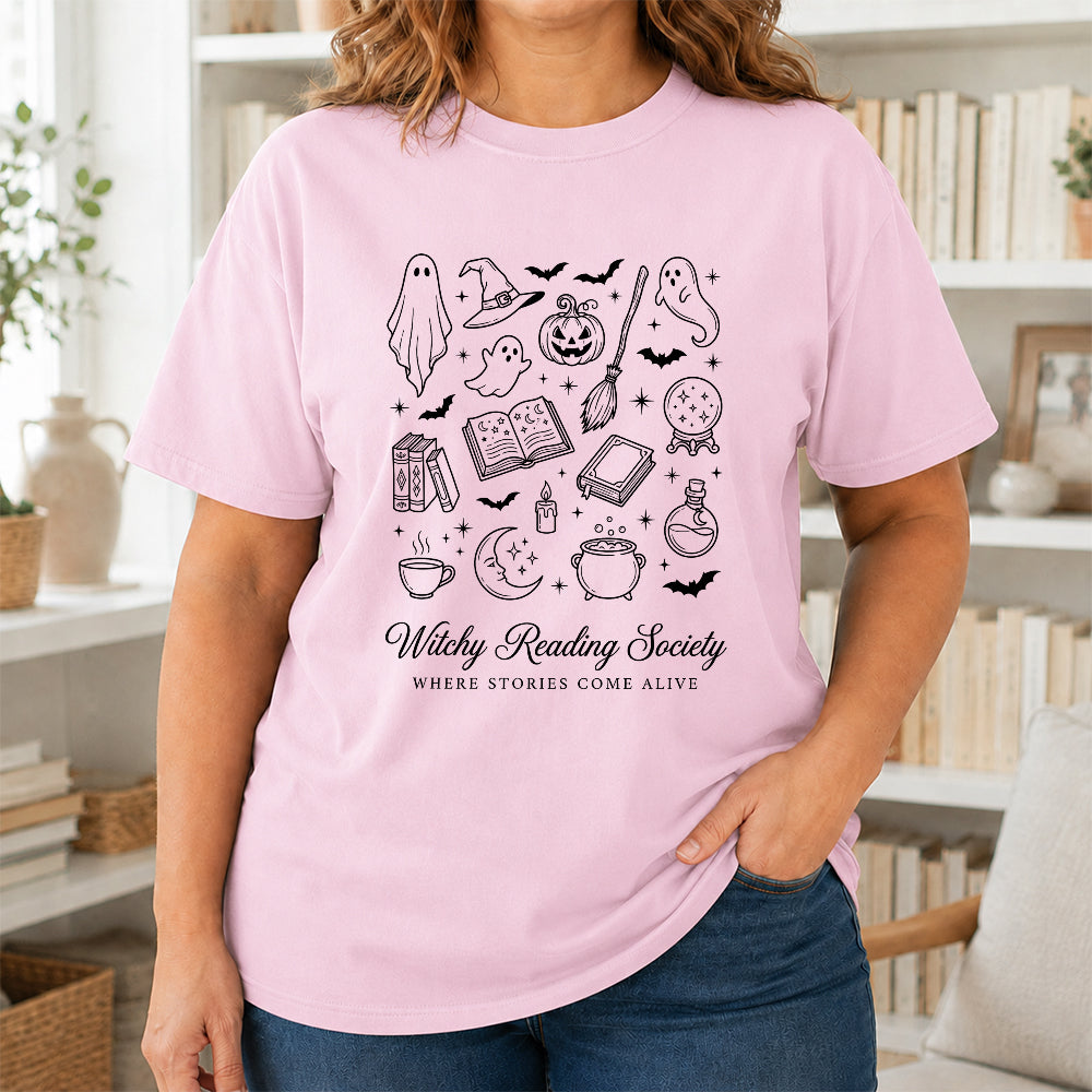 Witchy Reading Society Printed T-Shirt | Halloween Reader Gift Light Pink