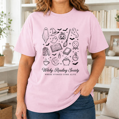 Witchy Reading Society Printed T-Shirt | Halloween Reader Gift Light Pink