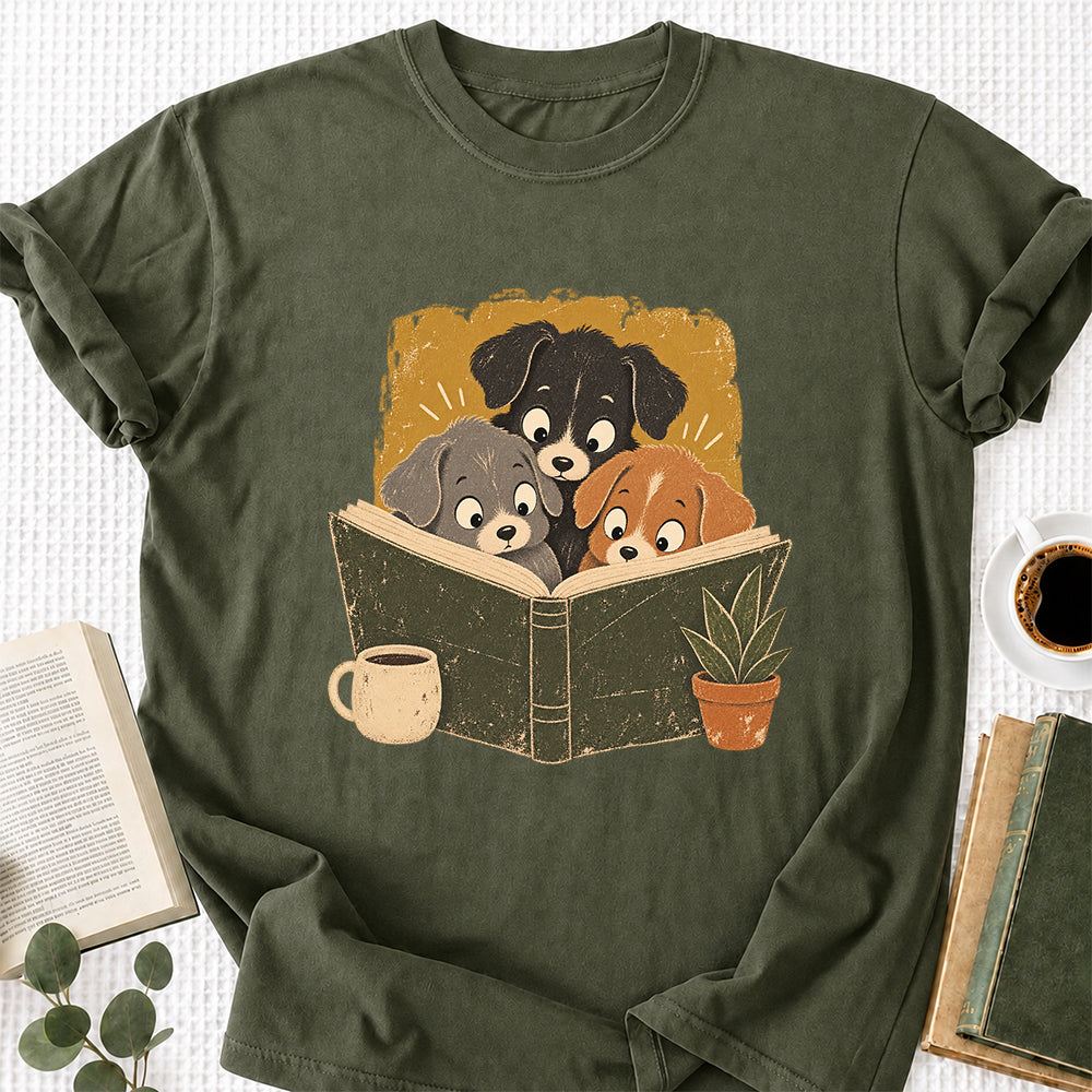 Minimal Japanese Dogs Reading Softstyle T-Shirt | Book Lover Gift Military Green