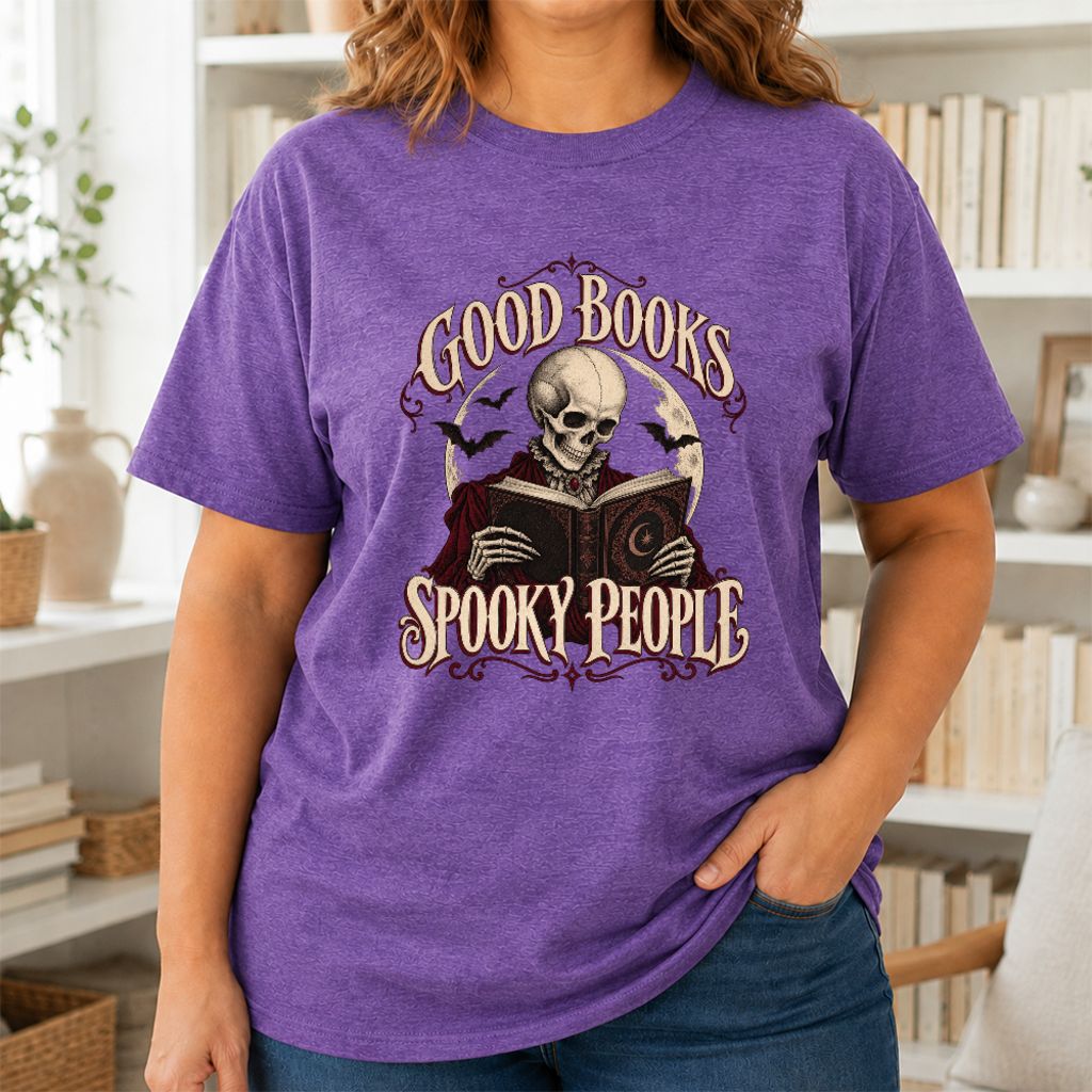 Good Books Spooky People Printed T-Shirt | Halloween Book Lover Gift Heather Purple