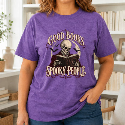 Good Books Spooky People Printed T-Shirt | Halloween Book Lover Gift Heather Purple