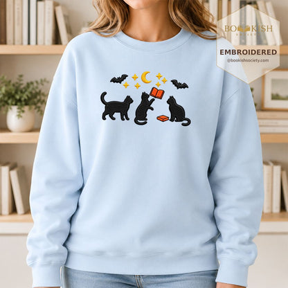 Black Cats With Books Embroidered Sweatshirt | Spooky Reader Gift Light Blue