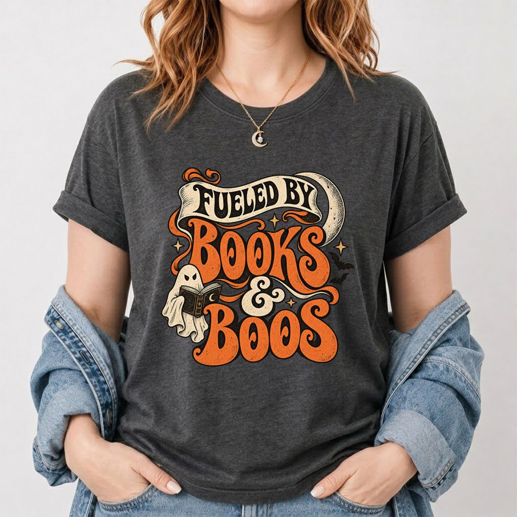 Fueled By Books & Boos Printed T-Shirt | Halloween Book Lover Gift Dark Heather